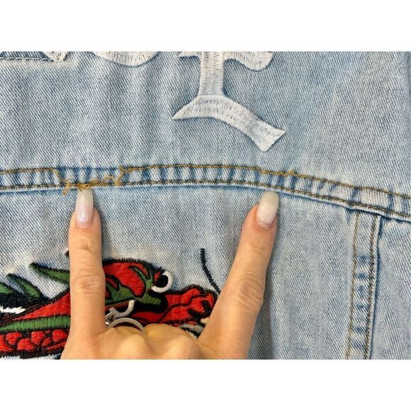 Carbon Savage Embroidered Dragon Rose Distressed Ripped Denim Jacket, Men's XXL - Picture 8 of 12